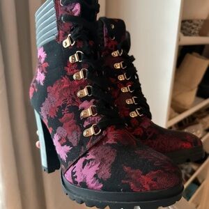 Shoe Dazzle Burgundy and Black Floral Lace-Up Heeled Ankle Boots